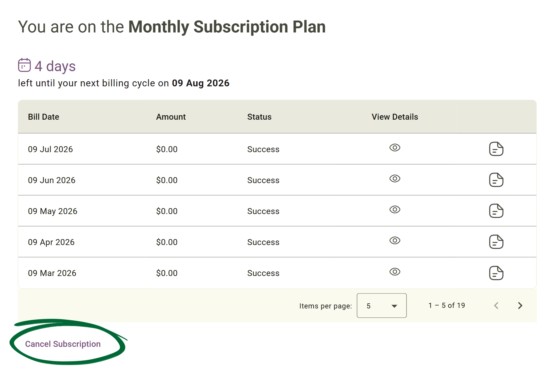 Cancel Subscription Screenshot